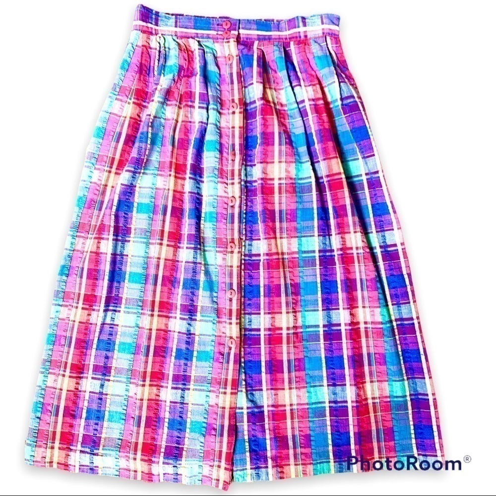Ashley Plaid Button Down Midi Skirt Pink Blue Size 14